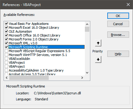 Выбрать ссылку на библиотеку Microsoft Scripting Runtime. 