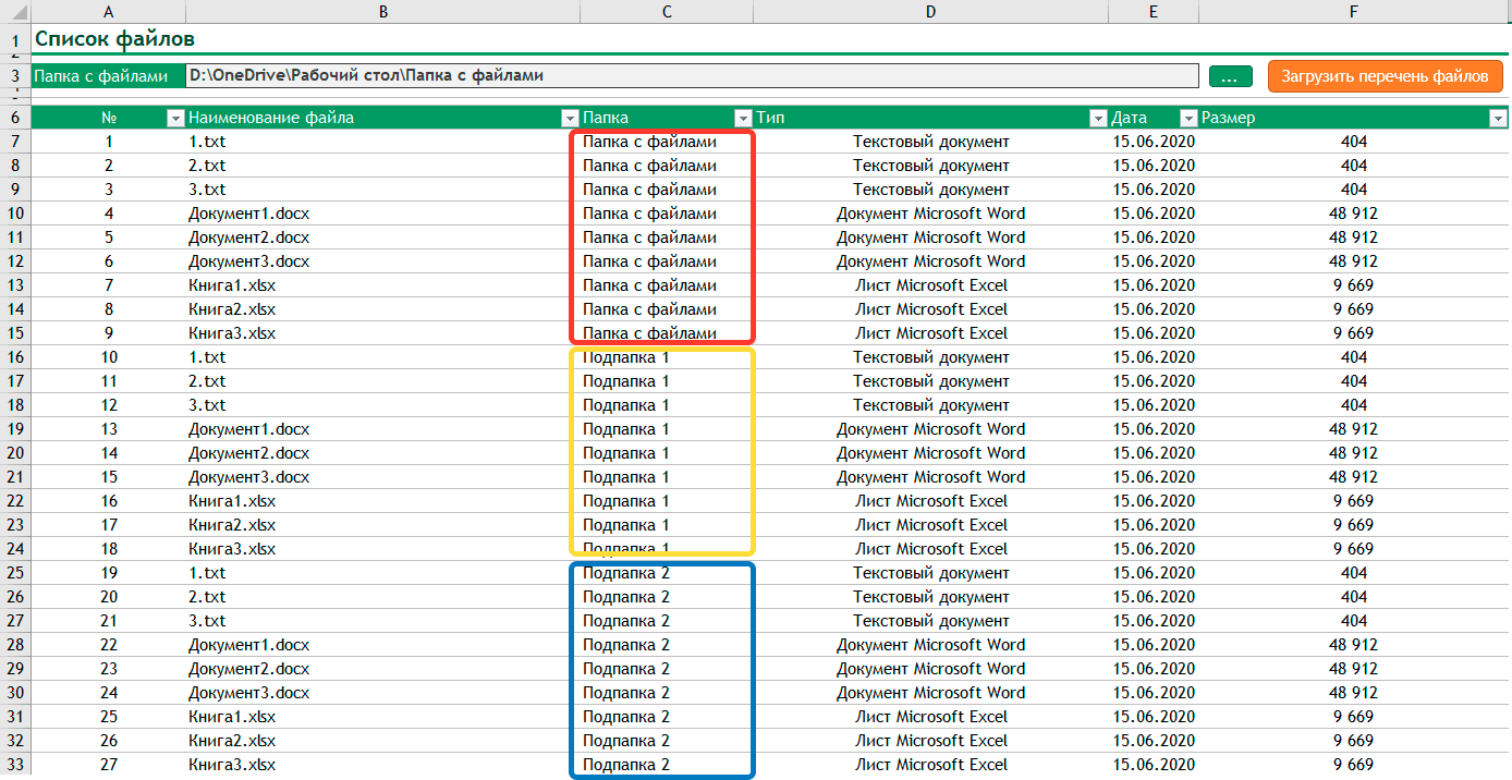 Список файлов в папке и вложенных папках